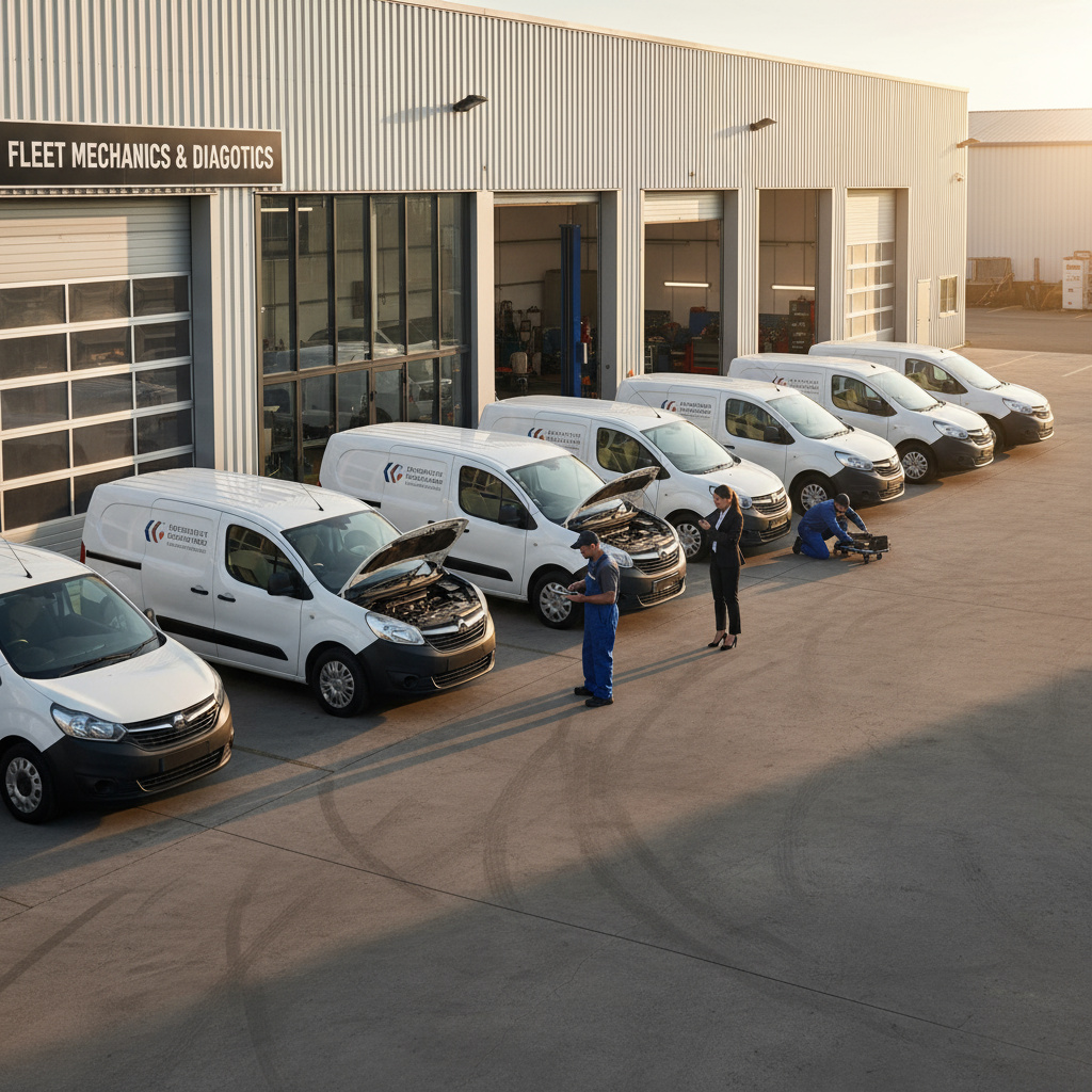 Fleet of light commercial vehicles outside a workshop