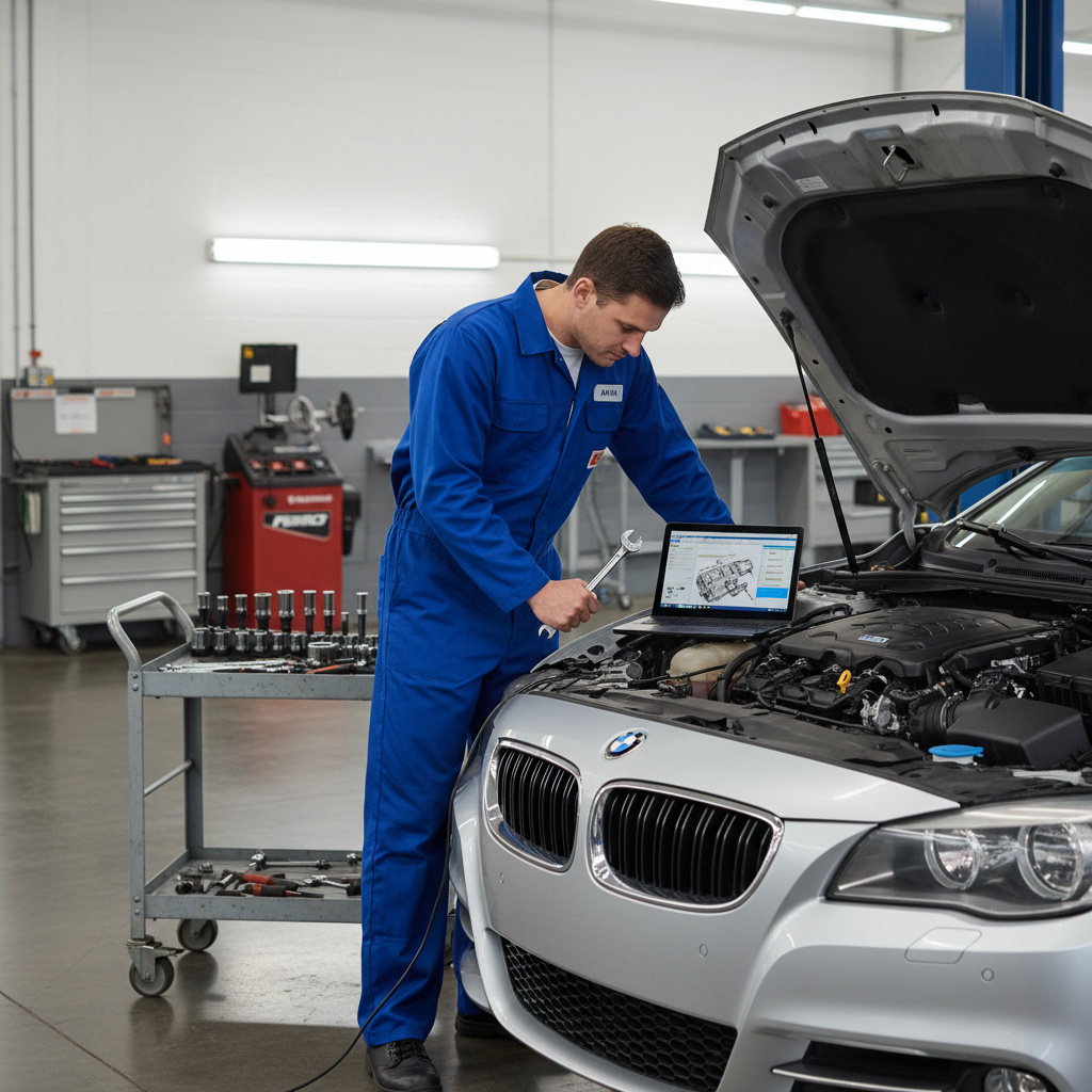 Mechanic working on an engine with diagnostic tools